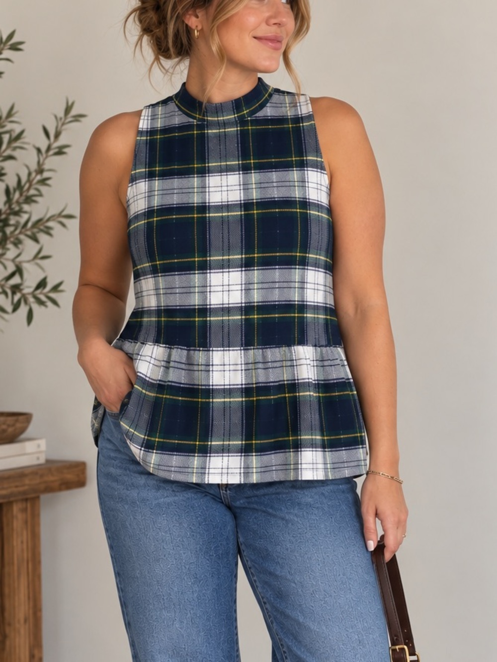 J.Crew Plaid Mock Neck Sleeveless Peplum Top Large